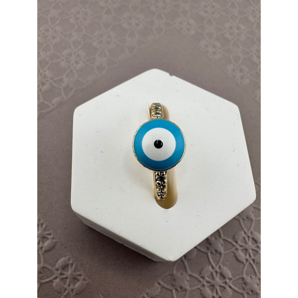 Gold Plated Evil Eye Ring Blue Enamel Nazar Pave Crystal Band Different Sizes